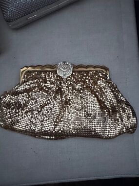 Gold Sequin Evening Clutch with Ornate Gem Clasp